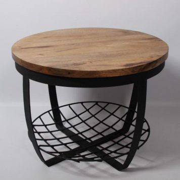industrieel mangohouten bijzettafel salontafel rond zwart staal en gaas hoog 47 cm diameter 60 cm € 99.-