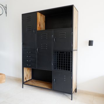 black iron vakkenkast L zwart staal en mangohout hoog 180 cm breed 125 cm diep 40 cm lockerkast