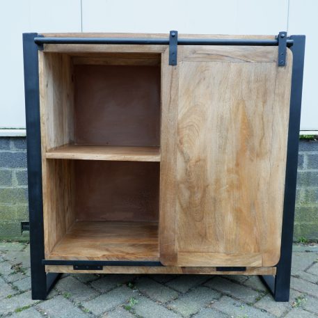 industrieel mangohouten dressoir beau travail zwart staal 3 lades en 1 schuifdeur hoog 90 cm breed 90 cm diep 45 cm5