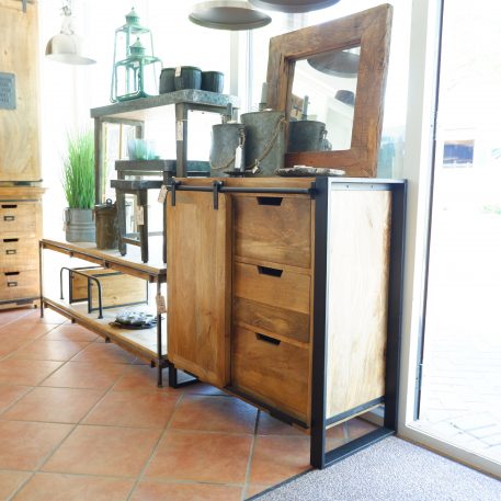 industrieel mangohouten dressoir beau travail zwart staal 3 lades en 1 schuifdeur hoog 90 cm breed 90 cm diep 45 cm9