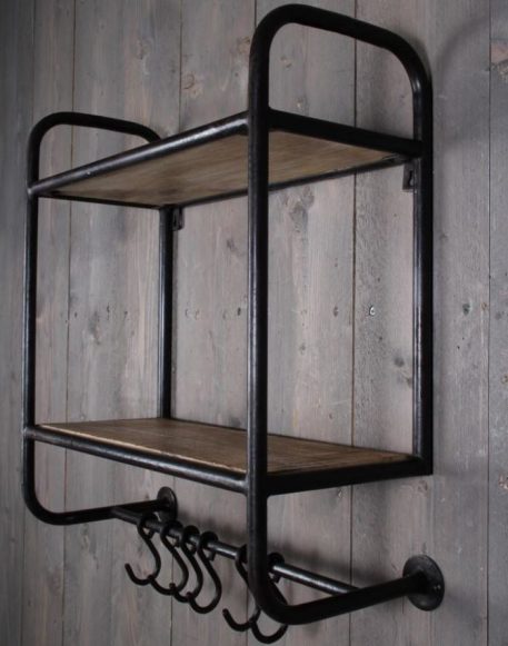 industrieel wandrek 2 planken 6 kapstokhaken mangohout en metaal vintage zwart hoog 67 cm breed 55 cm diep 24.5 cm2