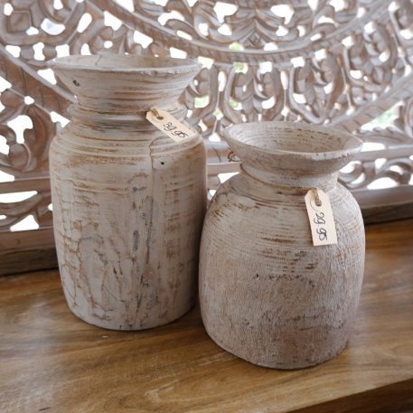 Oud houten Nepalese vaas white-wash - Afbeelding 3
