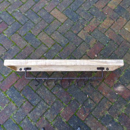 wandplank mangohout met 8 kapstokhaken zwart staal breed 100 cm diep 26 cm6