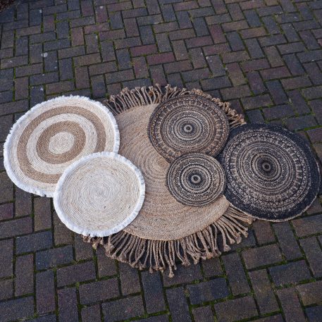 bananenblad vloerkleed wandkleed met franje naturel diameter 50 cm en 75 cm durry vloerkleden met dessin