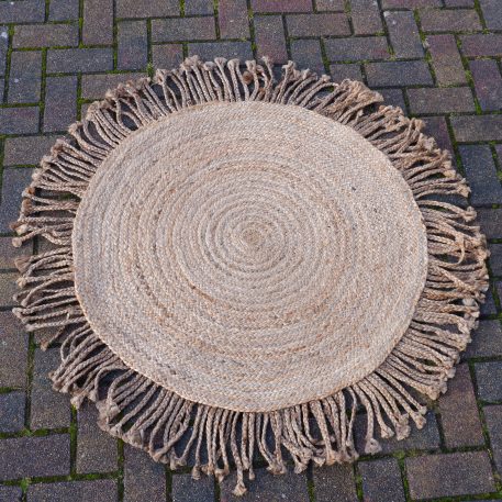 Durry gevlochten vloerkleed jute met franje Ø125 cm - Afbeelding 2