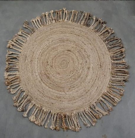 durry gevlochten vloerkleed met franje diameter 125 cm vergrijsd jute.1JPG