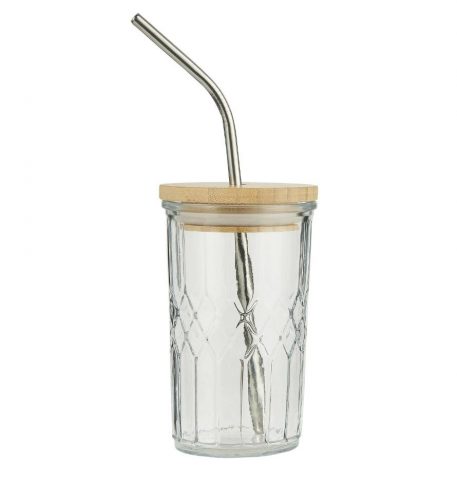 drink glas met honingraat structuur bamboo deksel en metalen rietje inhoud 250 ml hoog 12.5 cm diameter 8 cm ib-laursen