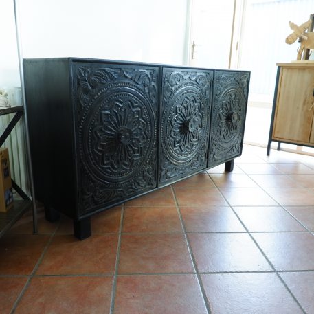 antiek zwart dressoir carving 3 deuren zwart-grijs mangohout hoog 83 cm breed 165 cm diep 40 cm10
