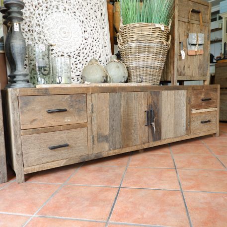 Tv dressoir Praag 2 deuren en 4 lades oud vergrijsd hout - Afbeelding 2