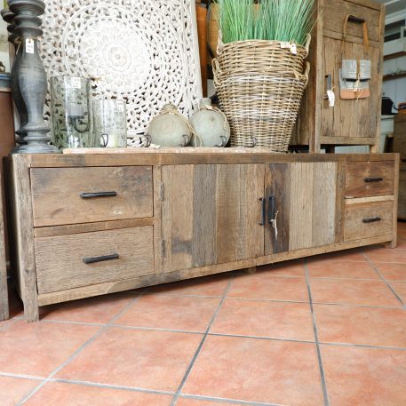 Tv dressoir Praag 2 deuren en 4 lades oud vergrijsd hout - Afbeelding 4