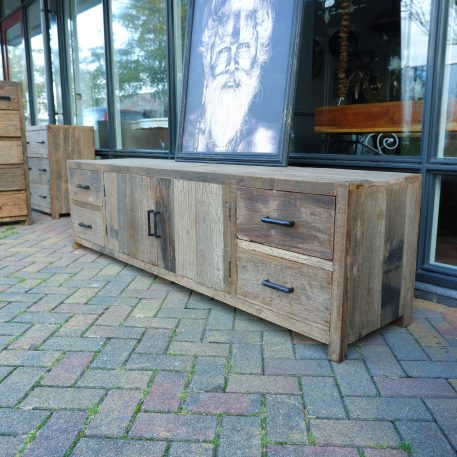 Tv dressoir Praag 2 deuren en 4 lades oud vergrijsd hout - Afbeelding 6