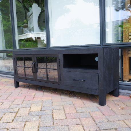 black mangowood tv meubel 2 deuren met glas en 1 lade zwart staal hoog 55 cm breed 145 cm diep 40 cm1a