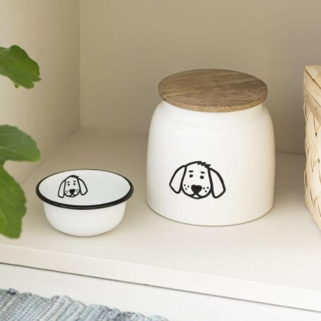 emaille pot met houten deksel hond hoog 15.5 cm diameter 16 cm inhoud 2.2 liter ib-laursen canister for dog food with dog motif1