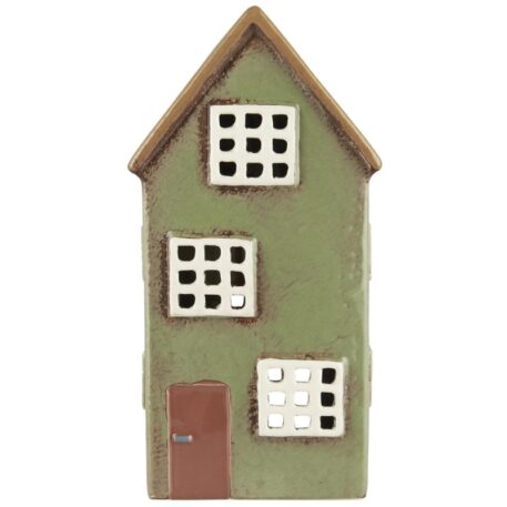 huis Nyhavn groen met bruine deur voor waxinelicht hoog 22.5 cm breed 11 cm diep 8.3 cm ib-laursen house for tealight nyhavn brown door