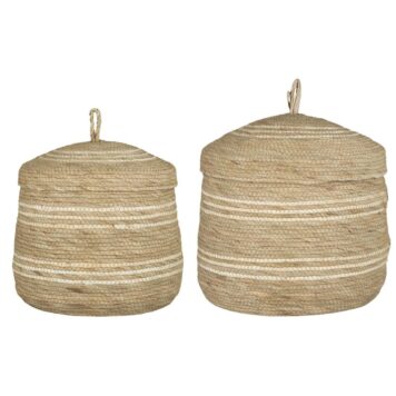 mand met deksel set van 2 opgerold maisblad naturel en of white streepje ib-laursen basket set of 2 with lid naturel with cream stripes