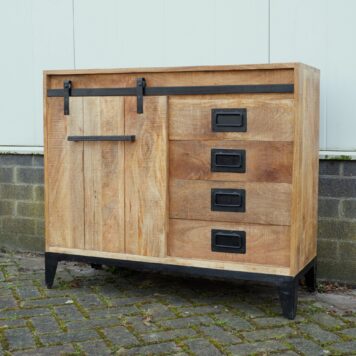 banda dressoir 1 schuifdeur 4 lades mangohout en zwart staal hoog 91 cm breed 105 cm diep 39.5 cm