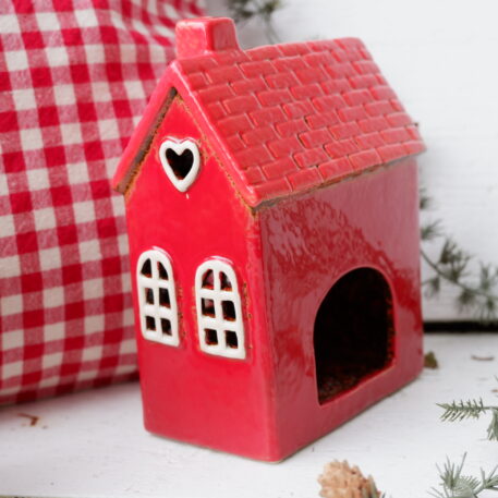Huis Stillenat voor waxinelichtje rood met bruine deur - Afbeelding 2