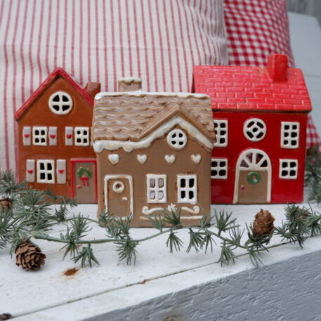 Huis Stillenat voor waxinelichtje rood met bruine deur - Afbeelding 4