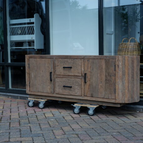 Tv dressoir Tokio 2 deuren en 2 lades ronde zijkant oud vergrijsd hout - Afbeelding 15