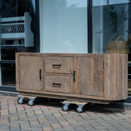 Tv dressoir Tokio 2 deuren en 2 lades ronde zijkant oud vergrijsd hout - Afbeelding 16