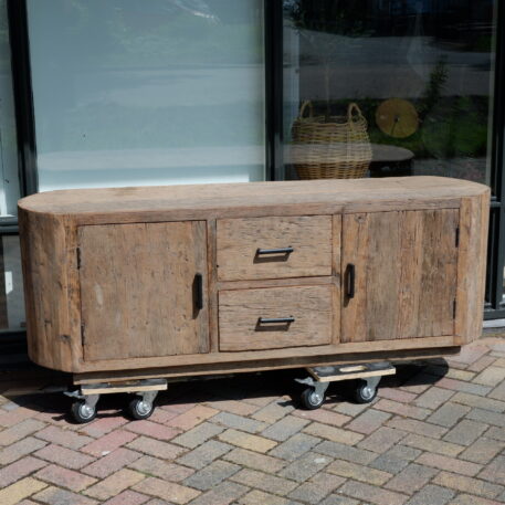 Tv dressoir Tokio 2 deuren en 2 lades ronde zijkant oud vergrijsd hout - Afbeelding 18