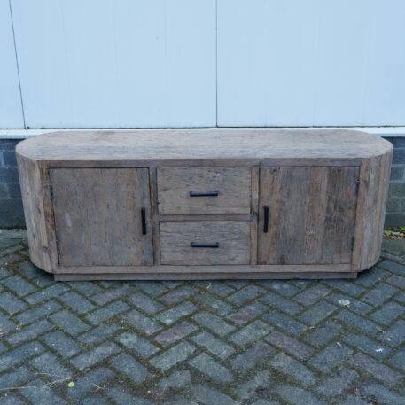 Tv dressoir Tokio 2 deuren en 2 lades ronde zijkant oud vergrijsd hout - Afbeelding 5