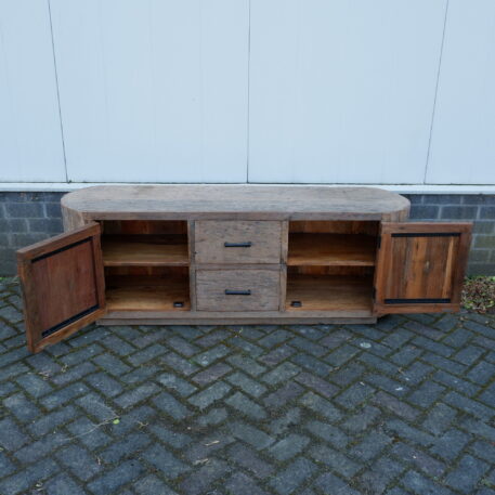 Tv dressoir Tokio 2 deuren en 2 lades ronde zijkant oud vergrijsd hout - Afbeelding 6