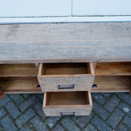 Tv dressoir Tokio 2 deuren en 2 lades ronde zijkant oud vergrijsd hout - Afbeelding 7