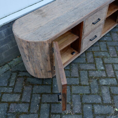 Tv dressoir Tokio 2 deuren en 2 lades ronde zijkant oud vergrijsd hout - Afbeelding 8