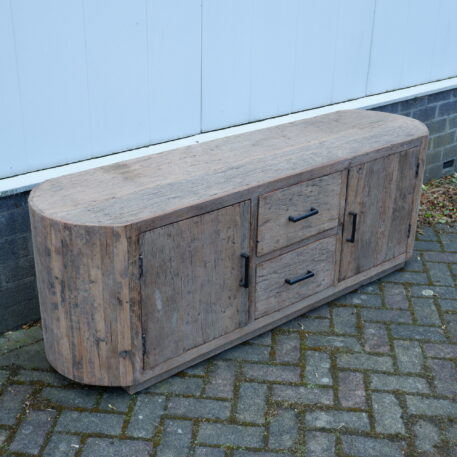 Tv dressoir Tokio 2 deuren en 2 lades ronde zijkant oud vergrijsd hout - Afbeelding 9