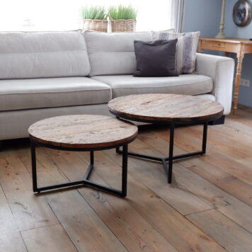 be-uniq salontafel dirk rond 61 cm small en 75 cm large oud vergrijsd hout met zwart staal oderstel round coffee table dirk1