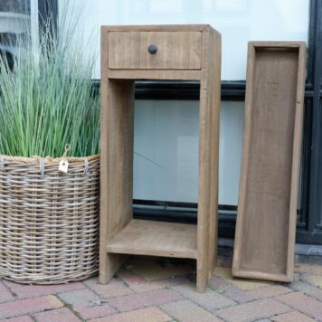bijzettafel nachttafel plantentafel met lade old wood truckwood kleur taupe hoog 75.5 cm breed 30.5 cm diep 30 cm1