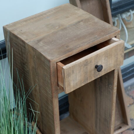 bijzettafel nachttafel plantentafel met lade old wood truckwood kleur taupe hoog 75.5 cm breed 30.5 cm diep 30 cm3