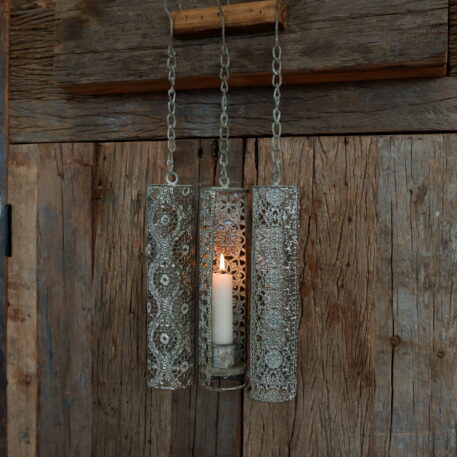 hangkandelaar voor dinerkaars antiek grijs metaal met oosters patroon 3 assorti ib-laursen candle holder for dinner candle grey oriental pattern for hanging