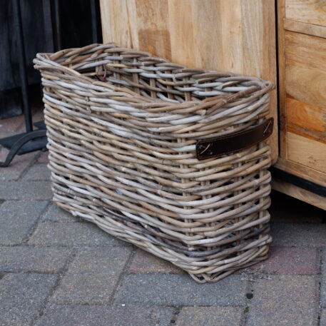 grijs rotan mand rechthoek met leren grepen grijs riet vensterbankmand koboo grey hoog 30 cm breed 50 cm diep 18 cm