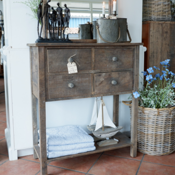 be uniq haltafel capri hoog 91 cm breed 80 cm diep 35 cm 4 lades en onderplank oud vergrijsd teak hout wandtafel sidetable10a.JPG