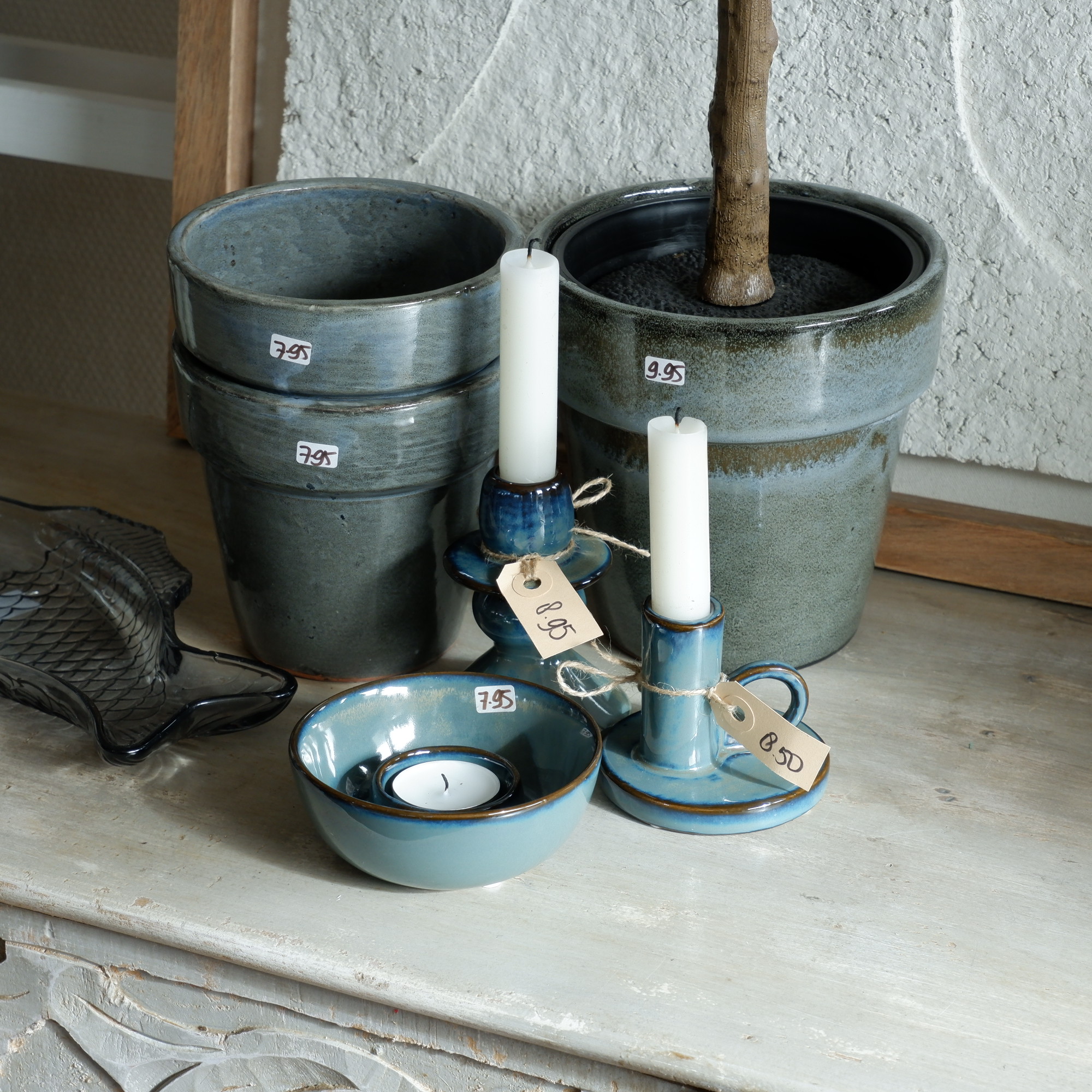 kandelaar met oor voor dinerkaars en kom voor waxinelichtje en kandelaar voor dinerkaars keramiek met reactief glazuur zeeblauw2