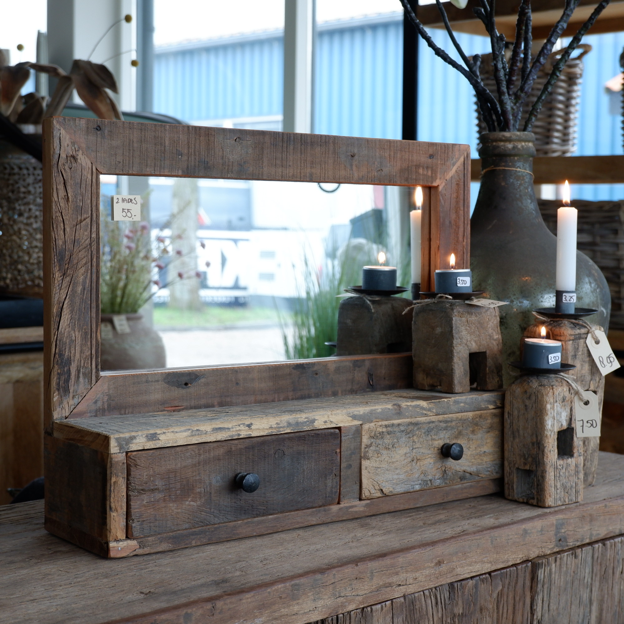 spiegel truckwood 2 lades oud hout hoog 40 cm breed 54 cm diep 13 cm