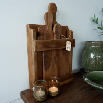 3 broodplanken in houder oud teak hoog 40 cm breed 23 cm diep 7.5 cm