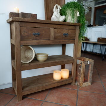 sidetable of wandtafel oud teak hout 2 lades 2 planken hoog 80 cm breed 80 cm diep 30 cm2