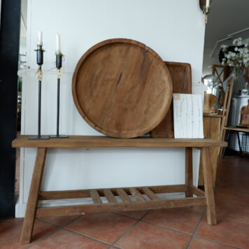 schaal rond oud teak diameter 61 cm schaal rechthoek 50 cm oud teak bankje 120 cm breed oud teak