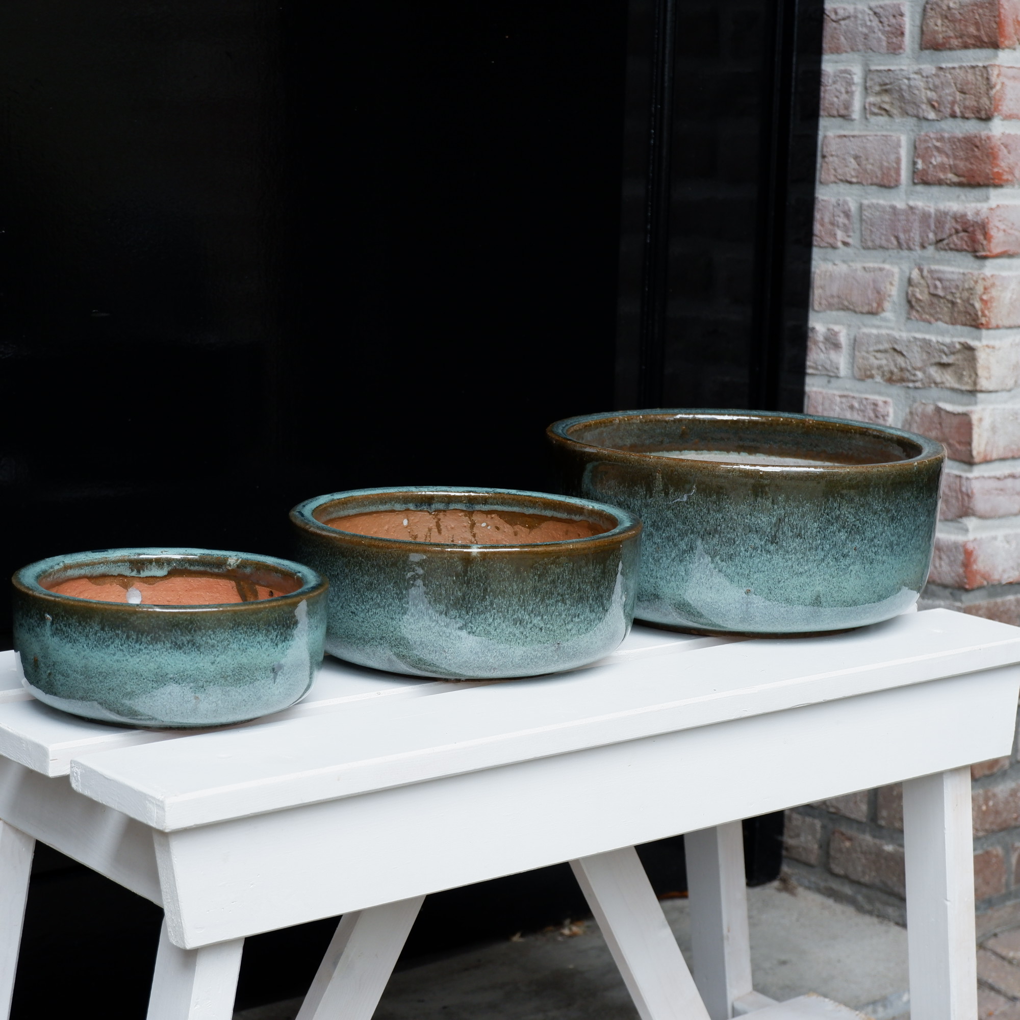 bloempot of schaal mos groen set van 3 glazed egg pot moss green diameter 18 cm 22.5 cm en 28 cm set schalen met afwaterings gat in de bodem (2)